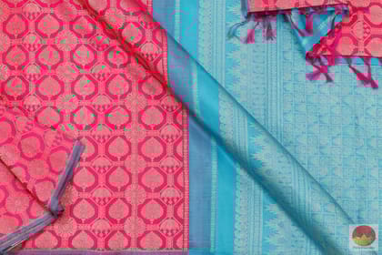 Pink And Blue Borderless Kanchipuram Silk Saree Handwoven Pure Silk Pure Zari For Wedding Wear   PV G 4146