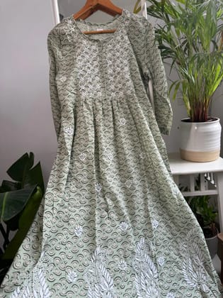 Cotton Printed Chikankari Set - Green-Green / cotton / S