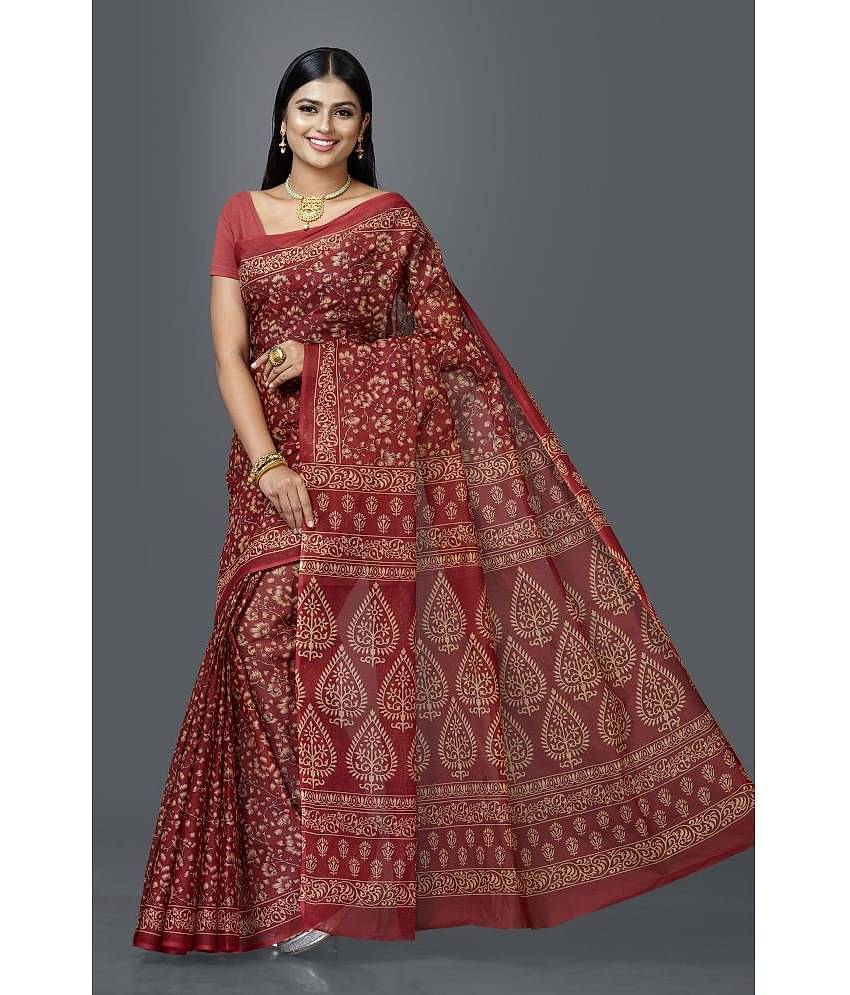SHANVIKA Cotton Printed Saree Without Blouse Piece ( Maroon )