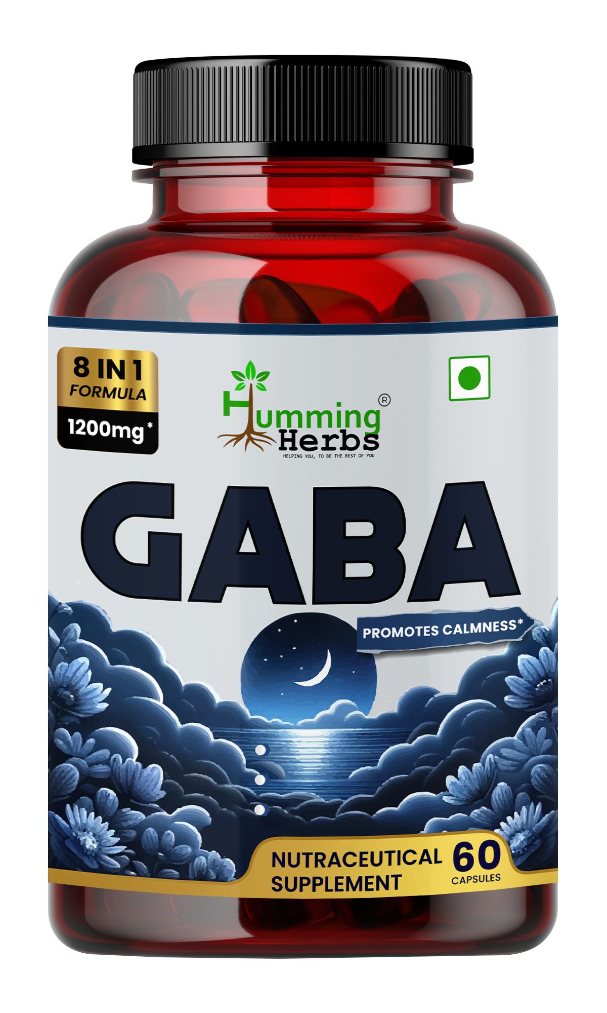 Humming Herbs GABA Calm Support - Natural Sleep Aid, Stress Relief, Mood Enhancer with L-Theanine, Valerian, Chamomile, Passionflower, Melatonin - Non Habit Forming
