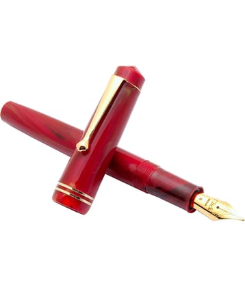 Srpc Click Aristocrat Red Marble Fountain Pen With 3in1 Ink Filling Mechanism, Golden Trims & Broad Nib