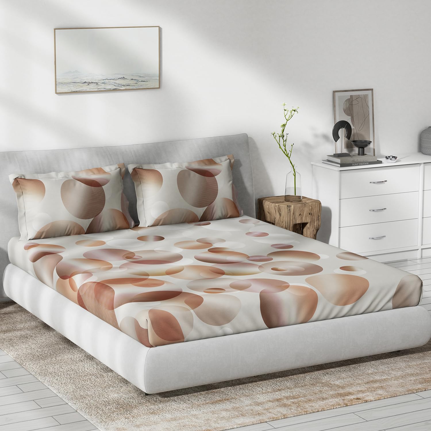 DDECOR - Primary Collection 100% Cotton Geometric Pattern 136TC King Bedsheet |229 CM X 274 CM| Brown