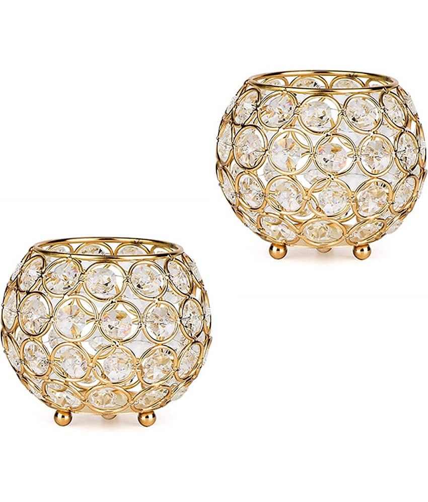 Arsalan Gold Table Top Crystal Tea Light Holder - Pack of 2