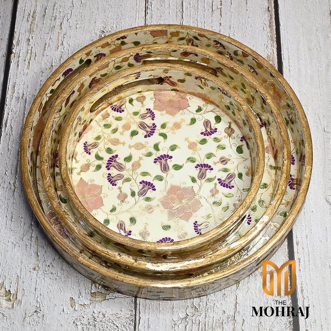 The Mohraj Beautiful Floral Round MDF Trays with Gold Foil Finish Set of 3