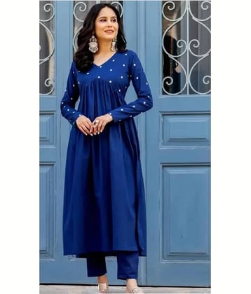ETZIN Women Rayon Embroidered A-line Kurti With Pants ( Blue )