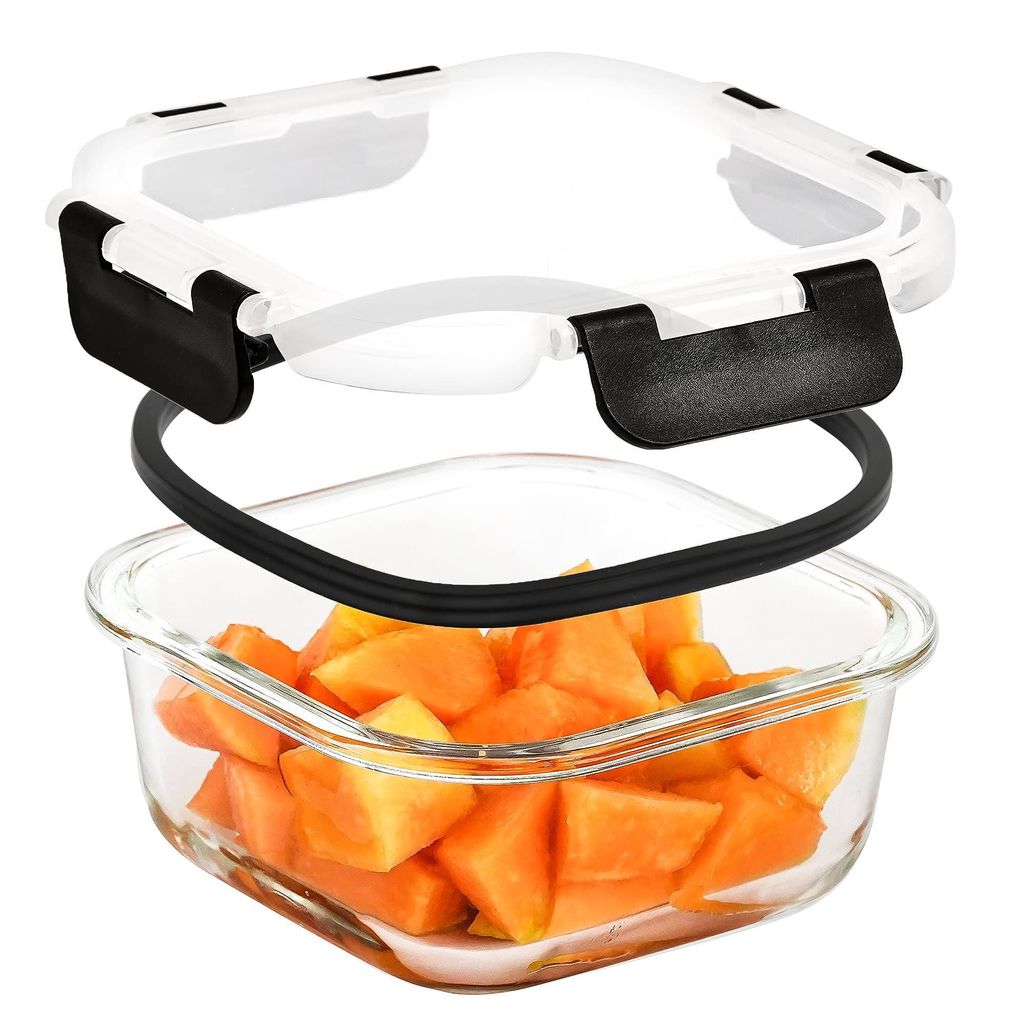 Femora Borosilicate Square Microwave Oven Safe Glass Container with Dectahable & Break Free Lid, Black Color, 300 ML