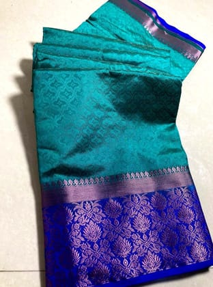 Women's Kanjivaram Silk Saree with Unstitched Blouse Piece (Turquoise Green, 5-6 Mtrs)