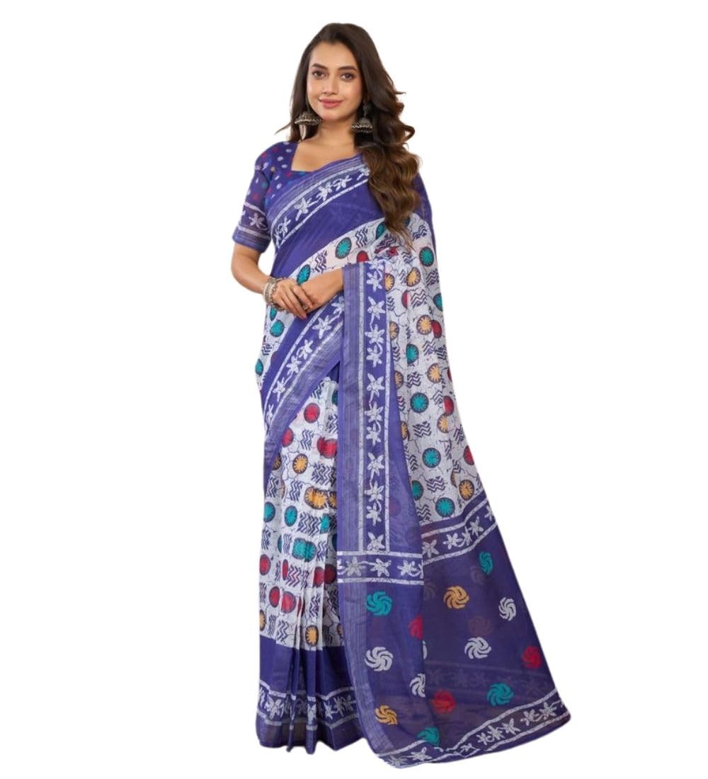 Women's Faux Linen Geometric Print Ready to wear Saree With Unstitched Blouse 5.5Mtr (Blue)-PID65900