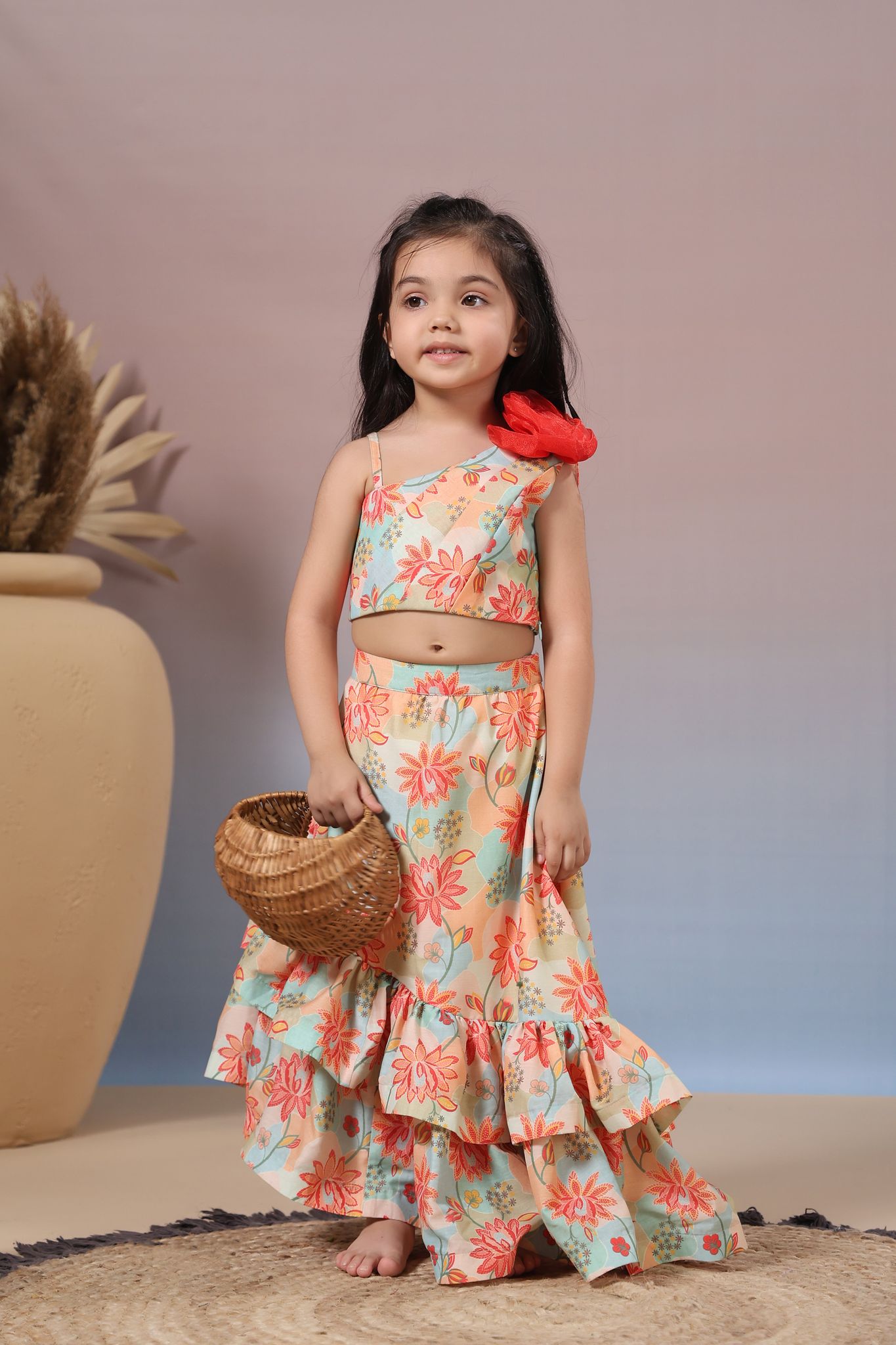 Floral Multicolour One Shoulder Top and High Low Stylish Lehenga-0-6 months