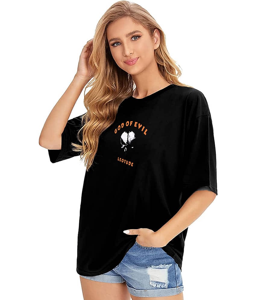 Leotude Women Cotton Blend Printed Oversized Fit Round Neck T-Shirt ( Black )