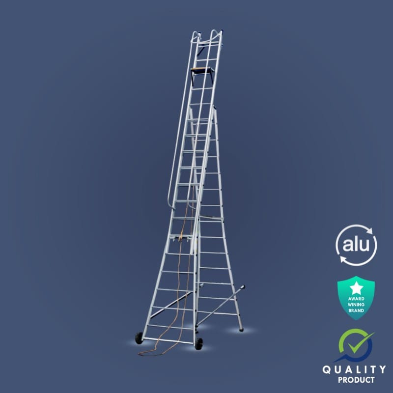 Wheel Self Supporting Extension Industrial Aluminium Ladder (Model: K-7009, Height:  16ft + 16ft in Heavy)
