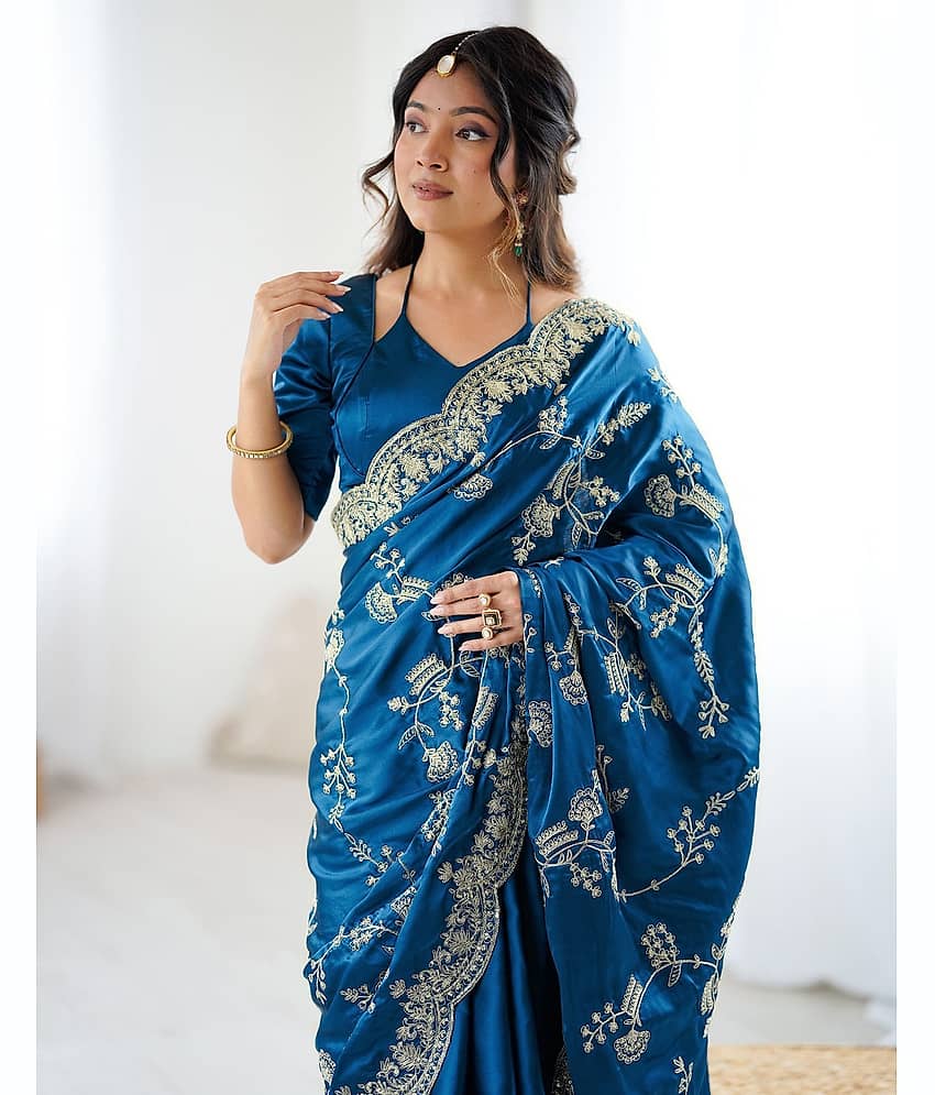 Samah Satin Embroidered Regular Saree With Unstitched Blouse Piece ( Blue )