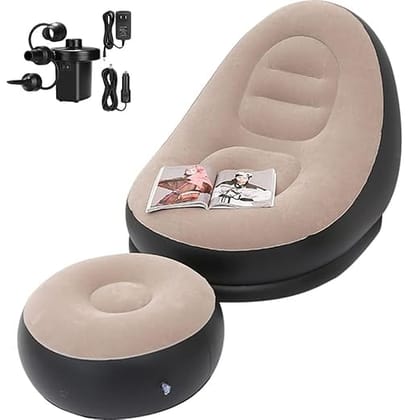 Inflatable Lounge Chair with Ottoman and Electric Pump, Beige and Black, Ergonomic Design, Portable Seating