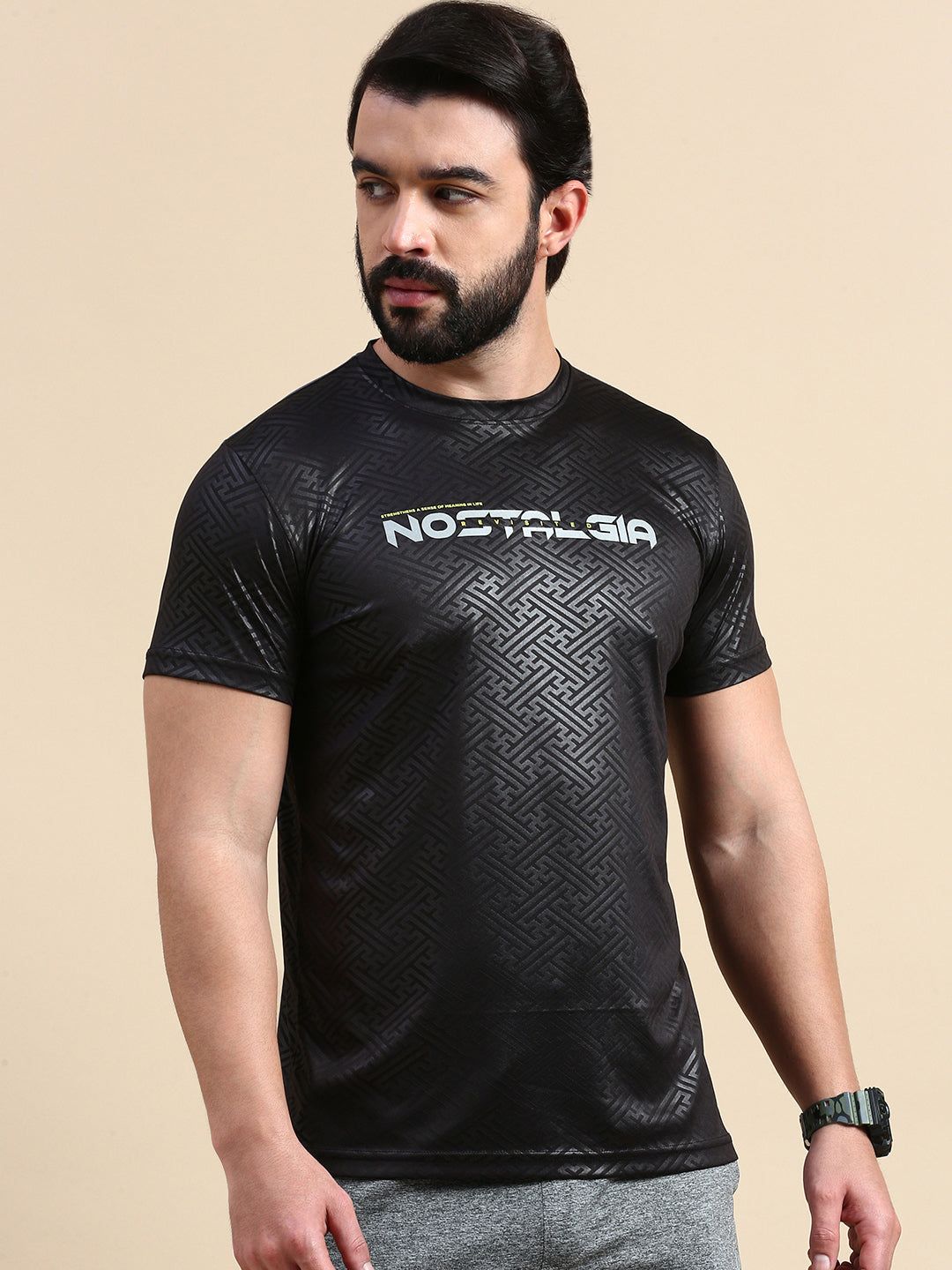 Classic Polo Men's Round Neck Polyester Black Slim Fit Active Wear T-Shirt | GENX-CREW 07B SF C