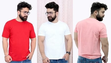 Tru Threads Solid Premium T-Shirt 3 Pcs Combo - White, Red, Peach (Size-L)