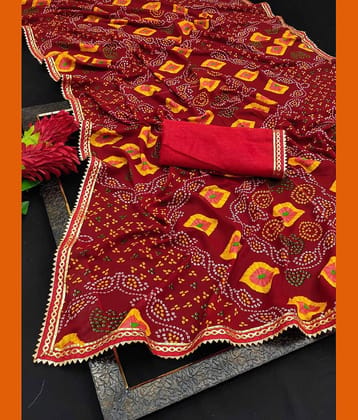 Kanooda Prints Georgette Printed Saree With Unstitched Blouse Piece ( Red )