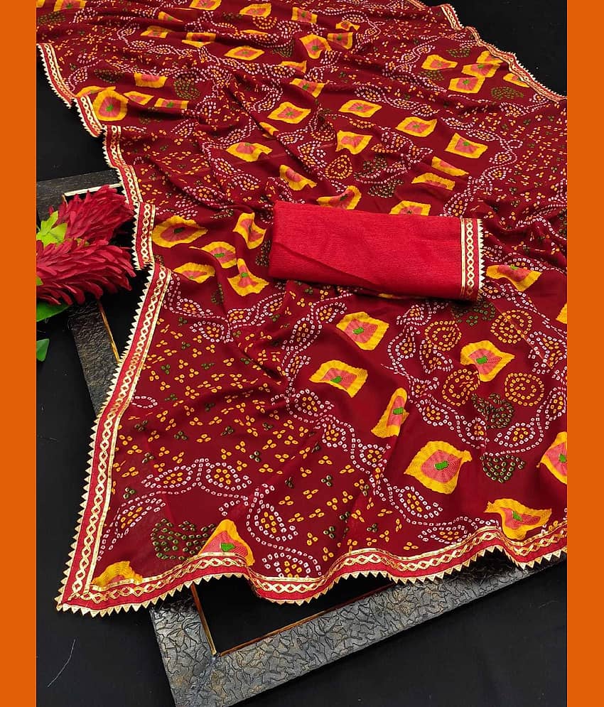Kanooda Prints Georgette Printed Saree With Unstitched Blouse Piece ( Red )