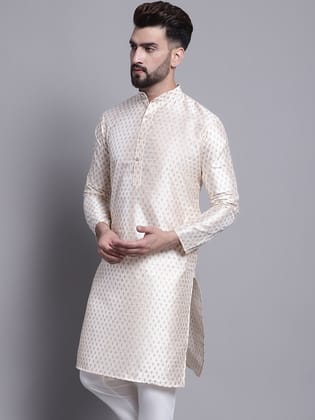 Men's Silk Blend Cream Printed Long Kurta-42