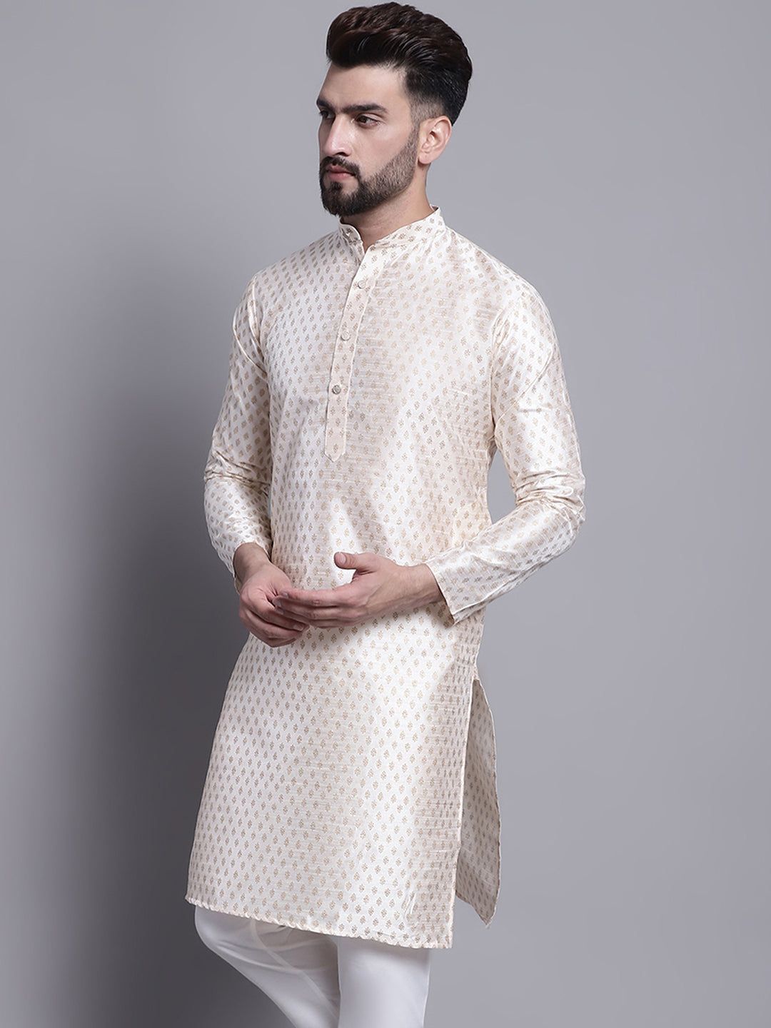 Men's Silk Blend Cream Printed Long Kurta-42