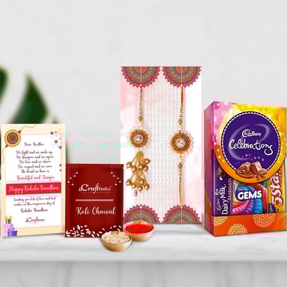 Designer Bhaiya Bhabhi Rakhi with Cadbury Celebrations Gift Pack of 5 Assorted Chocolates and Roli Chawal Pack, Best Wishes Greeting Card