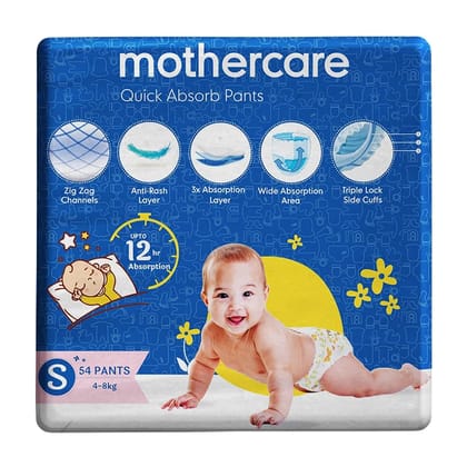 Mothercare Quick Absorb Diaper Pants for Babies, Small (4-8 Kg, 54 Count, Anti Rash Layer, Wide Absorption Area)