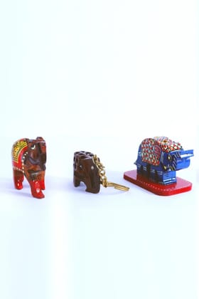Woodcraft Charm Trio - Camel Showpiece, Elephant Key Chain, Elephant Incense Stick Holder