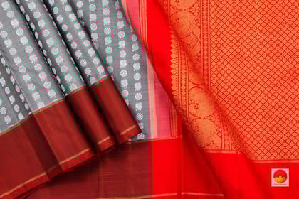 Grey Kanchipuram Silk Saree Handwoven Pure Silk Pure Zari For Office Wear PV G 4291