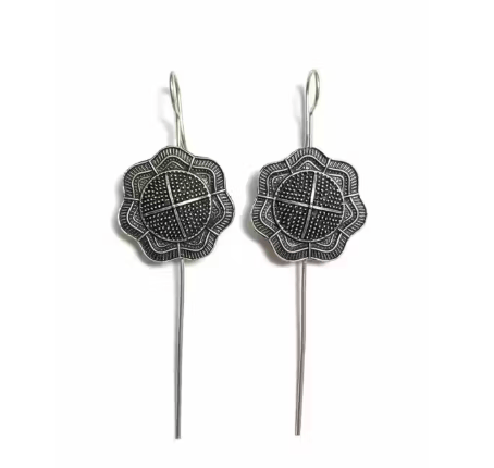 Oxidized Silver Round Floral Hook Earrings for Women | Traditional Long Droop Dangler