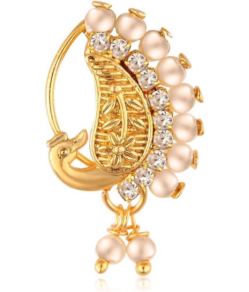 Vighnaharta Gold Plated with Peals Alloy and CZ stone Non Piercing Maharashtrian Nath Nathiya./ Nose Pin for women  [VFJ1085NTH-Press-White ]