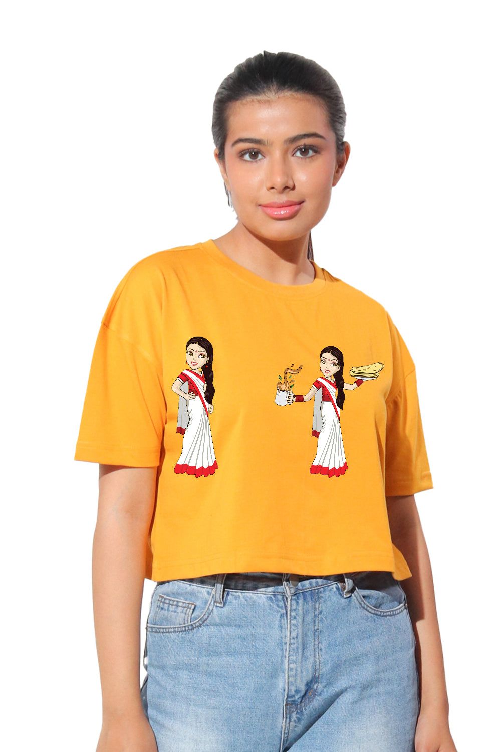 Kinnko Premium Cotton Womens Yellow Printed Crop T-Shirt