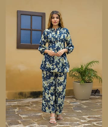 Divena Women Printed Tunic With Trousers Co-Ord Set ( Navy Blue )