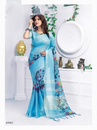 Narivastra Pure Linen Sky Blue Solid Digital Printed Saree