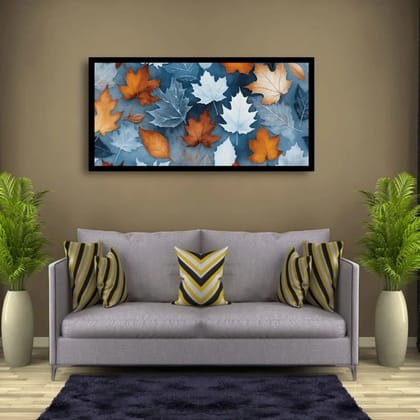 Luminary Maple Poetry – Shadowed Fall Leaves Museum-Quality Cotton Canvas Art for Cozy Living Room Décor | Frame Size (127 X 69 Cm) | Frame Type (Black) | 5-Year Warranty
