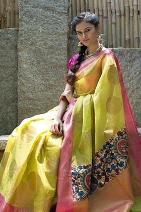 Elegant Lemon Color Linen Digital Printed Sari 1048