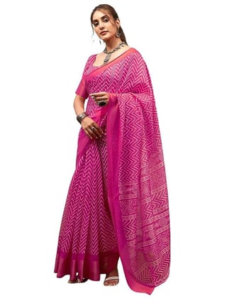 Women's Cotton Blend Geometric Printed Zari Patta Saree with Unstitched Blouse Piece