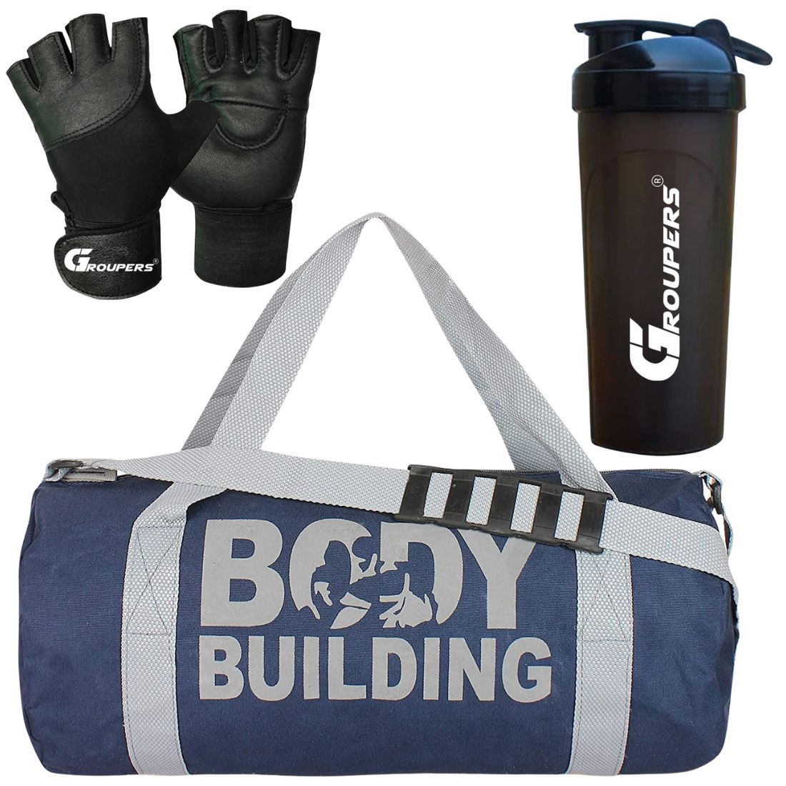GROUPERS Duffle Canvas Bag with Shaker Bottle-700ml & GloveslDuffle Bags Travel (Blue)
