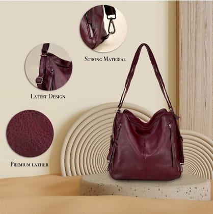 Women's PU Leather Medium Shoulder Zipper Handbag (Wine red)-PID57456