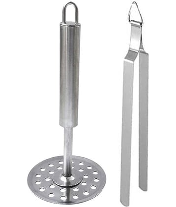 JISUN - Silver Stainless Steel Potato Masher & Roti Chimta ( Set of 2 )