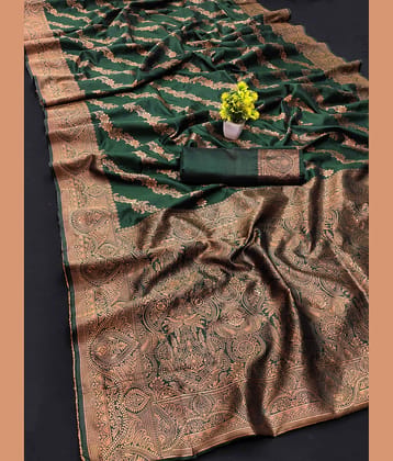 Kanooda Prints Silk Blend Embellished Banarasi saree With Unstitched Blouse Piece ( Green )