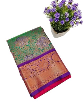 Premium Kanchipuram Golen Orange Colur Silk Saree with Contrast Pink Pallu and Blouse