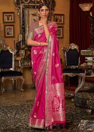 Cranberry Pink Woven Banarasi Tussar Silk Brocade Saree