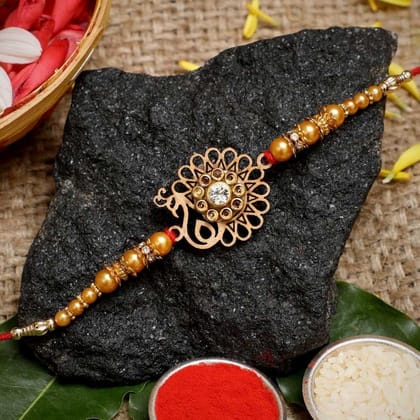 eCraftIndia Red & Golden Designer Peacock Rakhi with Roli Chawal Pack