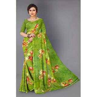 SVB Sarees Womens Green Colour Georgette Printed Saree With Blouse Piece