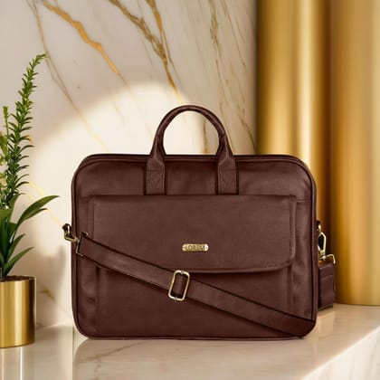 LOREM Glossy Brown Color Faux Leather 9.44L Messenger Bag for Men � Fits Up to 15.6" Laptop � Suitable for Lenovo, Dell, HP, MacBook BG113