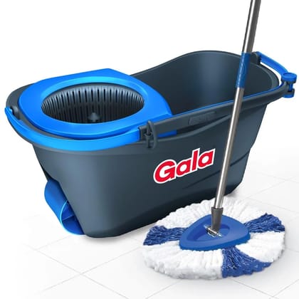 Gala Turbo Spin Mop Removes over 99% bacteria,Triangular head & Easy big wheel with 2 Refills,Floor Cleaning Mop stick with Bucket, pocha for floor cleaning, Mopping Set (Grey and blue)