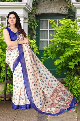 TheHangr Beautiful Ivory Colour Saree With Blue Border And Multicolour Butterfly Print