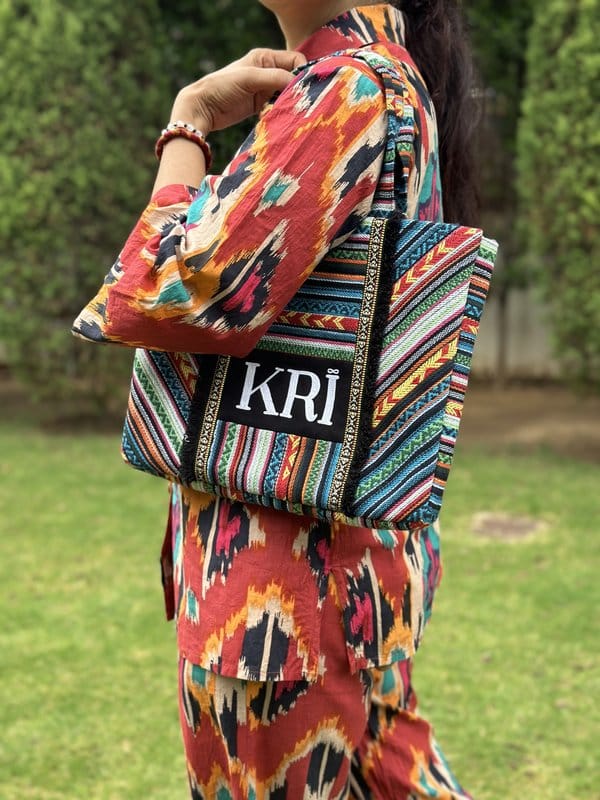 KRI India Distressed Multi-Jacquard Fringe KRI Tote bag | Multicoloured | 16x12 inches | Wash & Care | 100% Cotton | Handcrafted in India. 100% organic & natural.