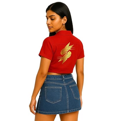 EqualLife Crop Top Shirt for Women-with Tie-Up Front, Button Down-Art Deco Golden Twin Phoenix Back Print-EQCT900117