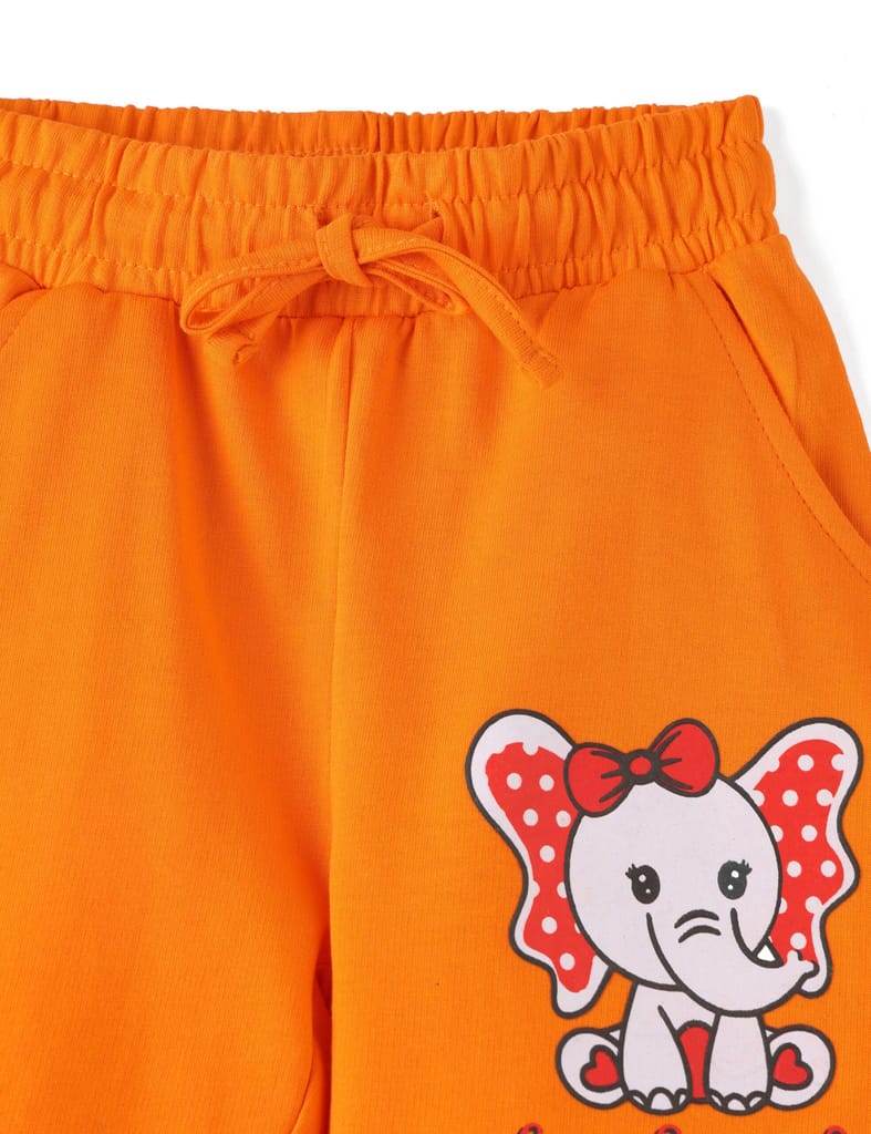 Stylish Kids Girls Shorts Cotton French Terry Vibrant Orange Big Friend Elephant 2025 at ShopCir