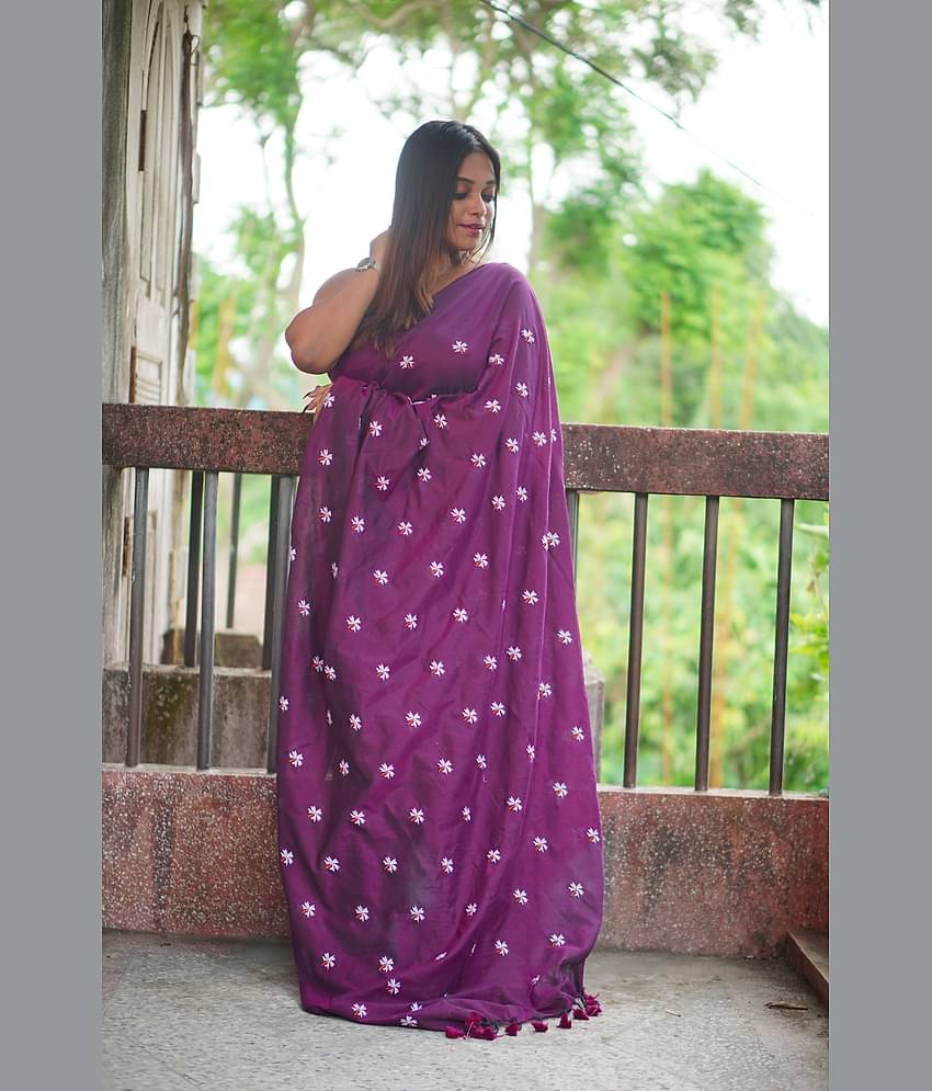 SARADA HANDLOOM Cotton Embroidered Saree With Unstitched Blouse Piece ( Purple )